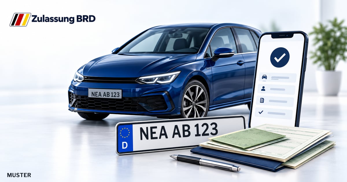 Online Fahrzeugzulassung in Neustadt a.d.Aisch: Musterkennzeichen NEA AB 123, Auto und Fahrzeugpapiere und Smartphone. Illustration mit Logo von Zulassung BRD.